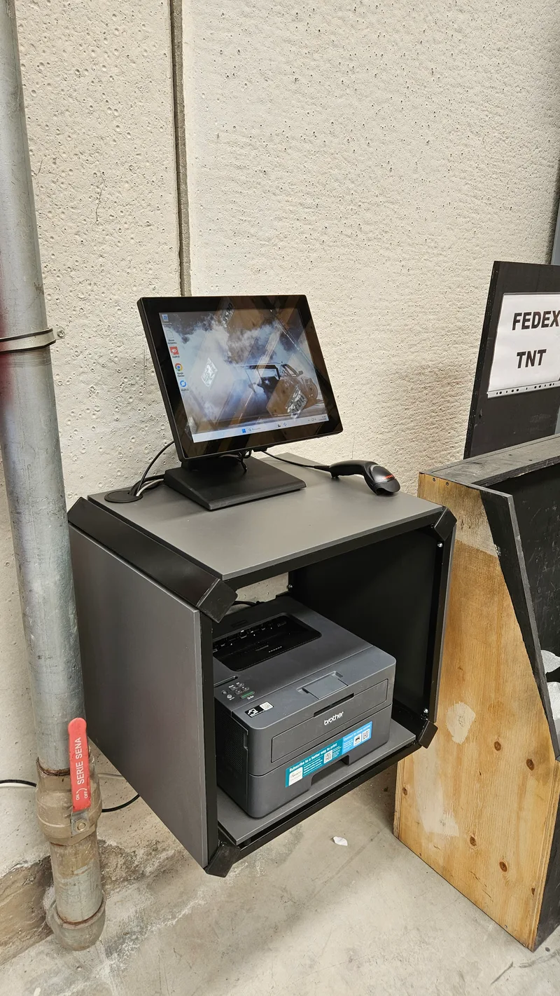POS terminal with scanner and printer integrated into a custom-built cabinet